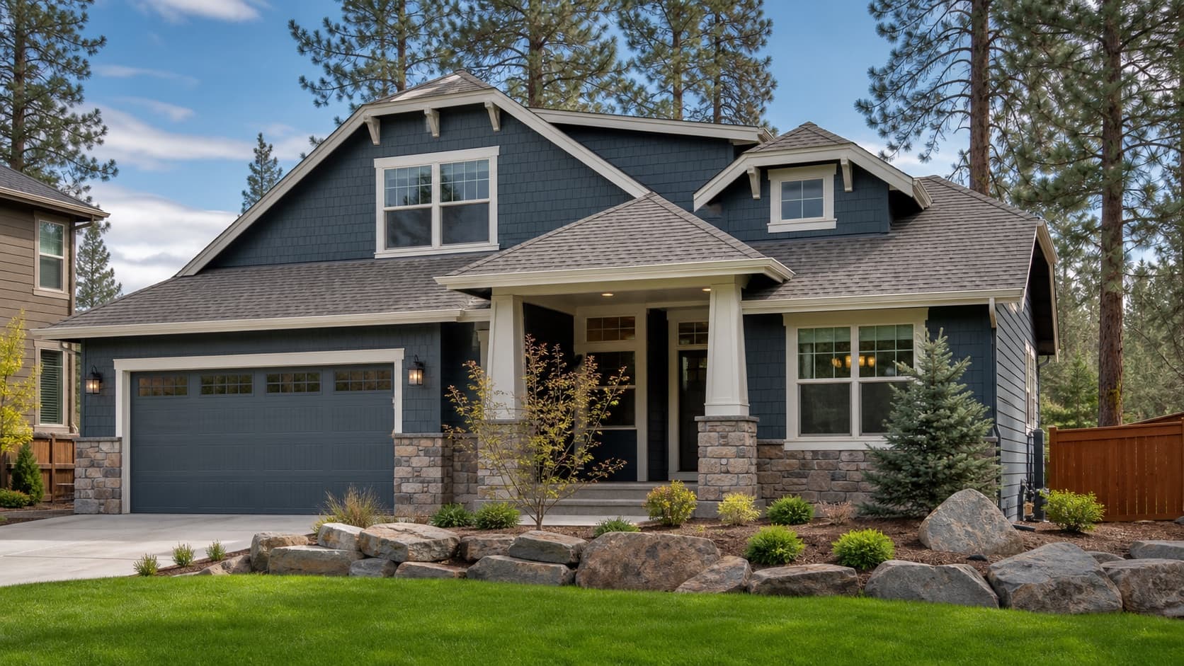 Freshly painted Spokane craftsman-style home with pine trees and basalt landscaping