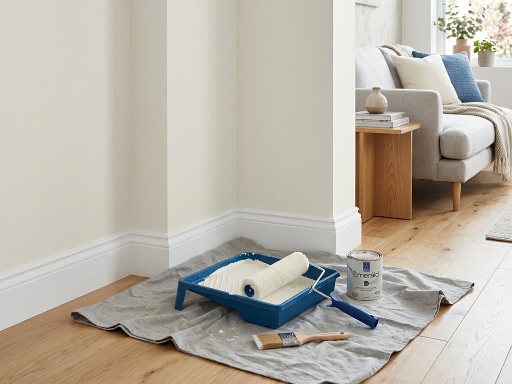 Freshly painted interior walls and white trim with a roller, tray, and drop cloth on a protected floor